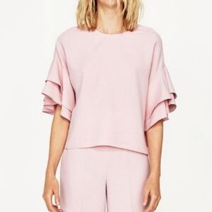 ZARA Women's Pink Ruffle Sleeve Top